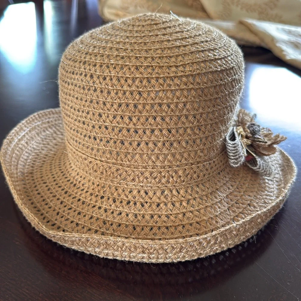Summer Hat With Burlap/Ribbon Flower At The Side